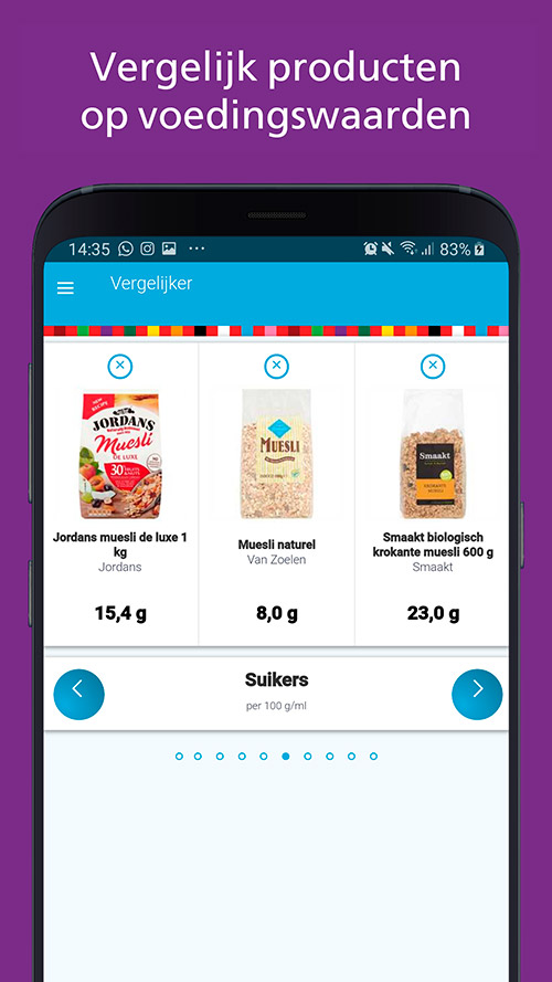 Je kunt aangeven in de app op welke voedingswaarden je extra wilt letten. Het gaat om energie (calorie&euml;n), vetten, verzadigde vetten, koolhydraten, suikers, vezels, eiwitten en zout. Met de Vergelijker kun je voedingswaarden met elkaar vergelijken.