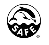 het Dolfijnvriendelijk logo geeft aan dat er bij de tonijnvisserij dolfijnen geen slachtoffer zijn