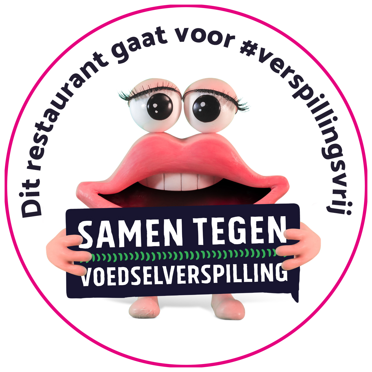 Vraag om een foodybag (doggybag) in restaurants waar je deze raamsticker op de deur ziet.