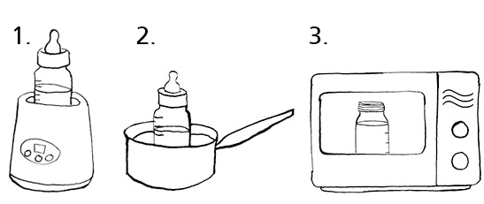 3 manieren om een fles te verwarmen: met de flessenwarmer, in een pan en in de magnetron.